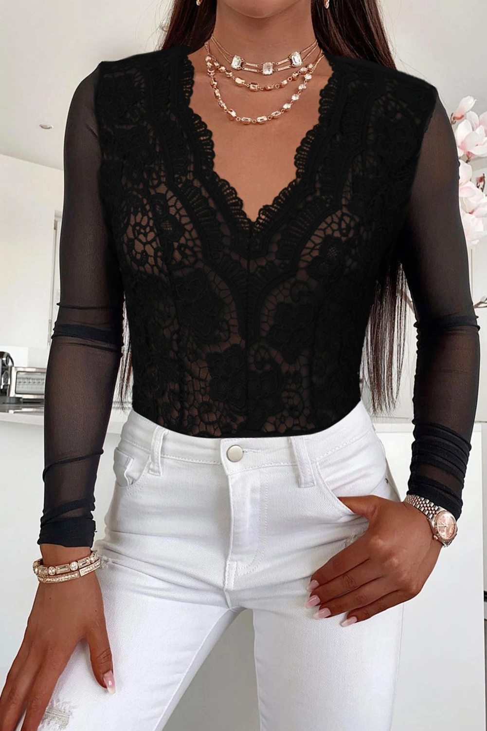 Black Long Sleeve Lace V Neck Mesh Bodysuit